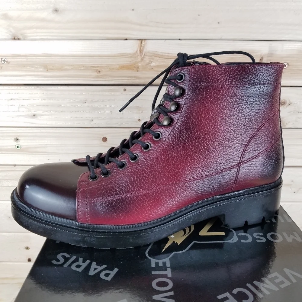 Men's Boots 10M 100% Genuine Leather Burgundy Biker Paul Branco Side Zip Lace-up